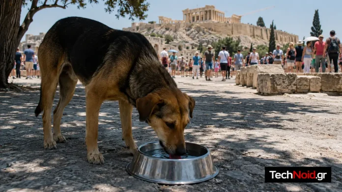Πώς να Βοηθήσεις τα Αδέσποτα να Επιβιώσουν στον Καύσωνα (Οδηγός με Σκίαστρο DIY) Αδέσποτος σκύλος πίνει νερό από μπολ σε σκιερό σημείο τον καύσωνα