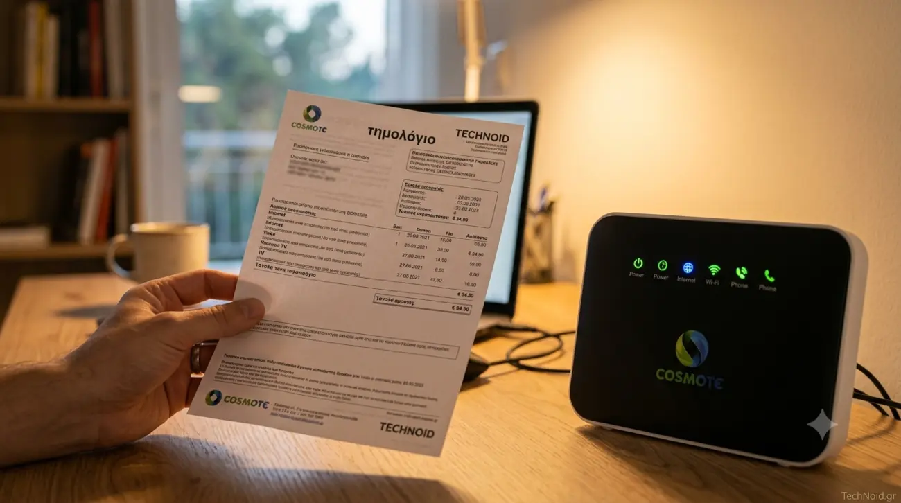 Cosmote: Τι σημαίνει για το router σου η αλλαγή όρων από τις 25 Ιουλίου Λογαριασμός Cosmote δίπλα σε router με αναμμένα led